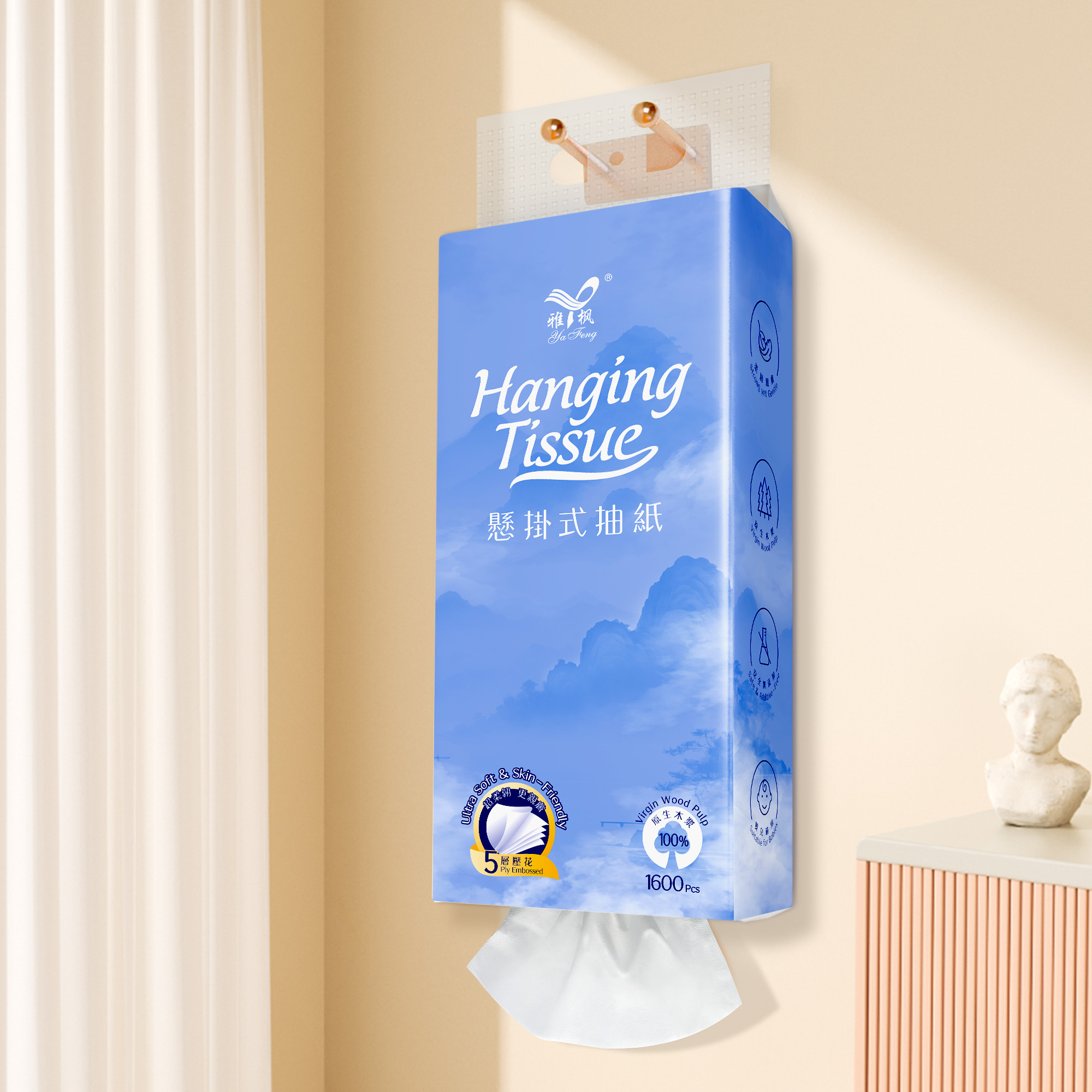 تصميم جديد بالجملة 5 طبقات معلقة لتوزيع الأنسجة لب الخشب البكر ناعم وماص